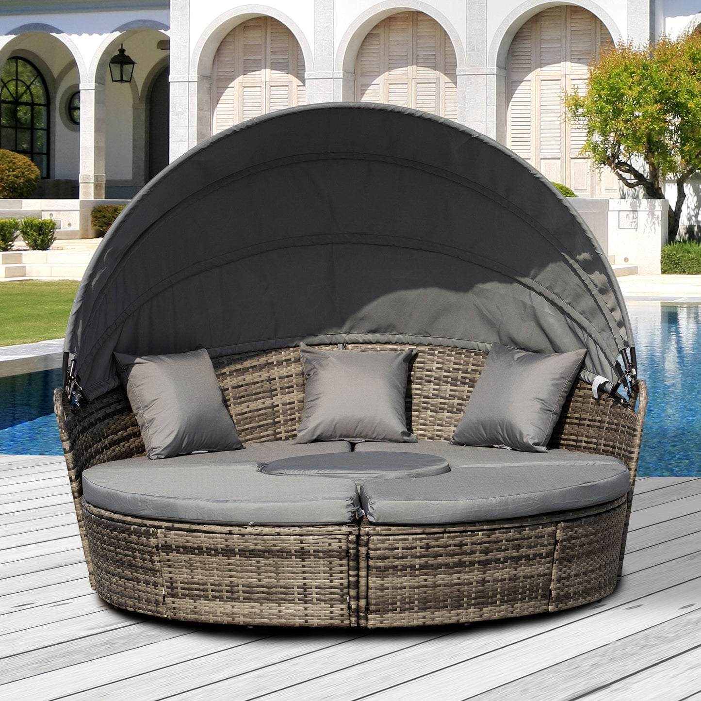 4-Piece Round Convertible Daybed with Cushions, Outdoor PE Rattan Patio Wicker Sofa Set, Sunbed with Adjustable Sun Canopy, Sectional Sofa, 2 Chairs, Table, 3 Pillows, Gray