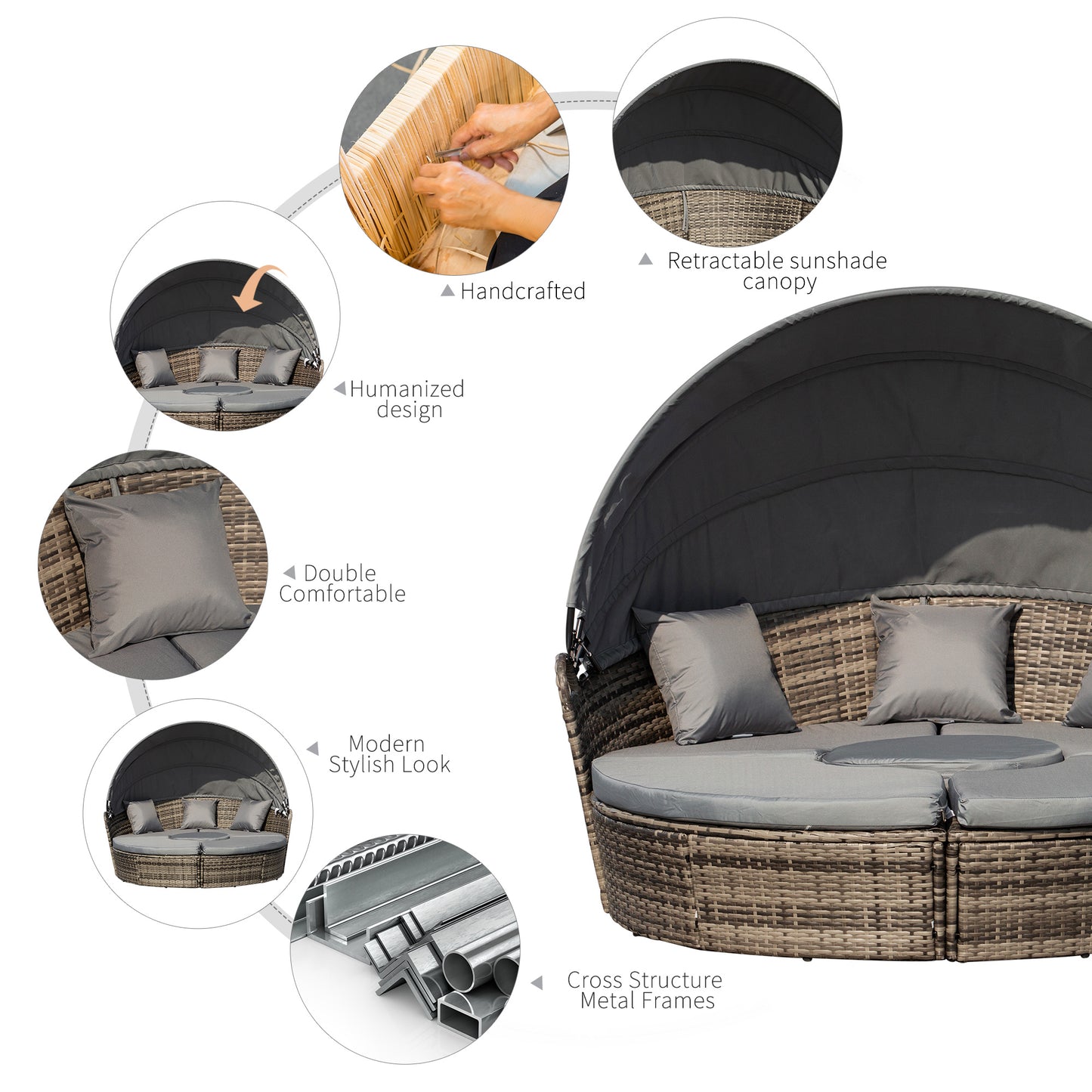 4-Piece Round Convertible Daybed with Cushions, Outdoor PE Rattan Patio Wicker Sofa Set, Sunbed with Adjustable Sun Canopy, Sectional Sofa, 2 Chairs, Table, 3 Pillows, Gray