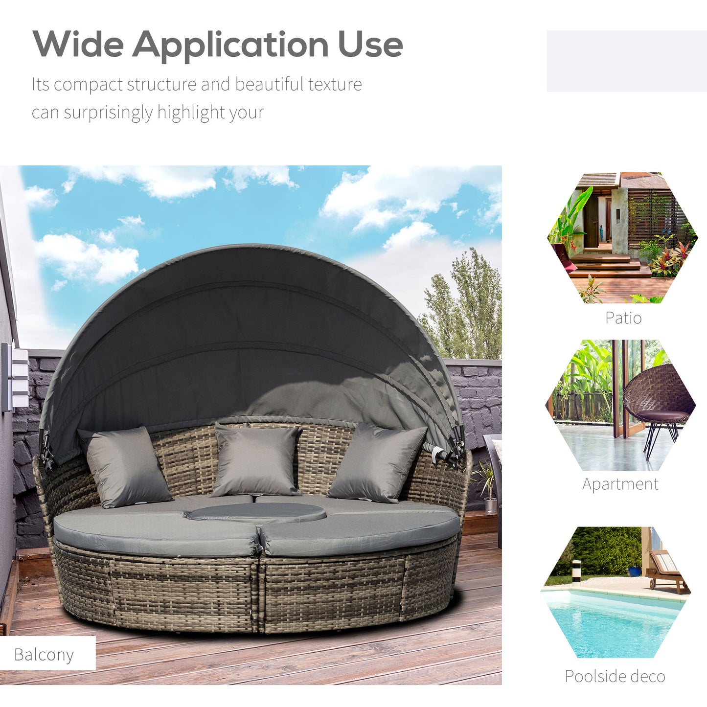 4-Piece Round Convertible Daybed with Cushions, Outdoor PE Rattan Patio Wicker Sofa Set, Sunbed with Adjustable Sun Canopy, Sectional Sofa, 2 Chairs, Table, 3 Pillows, Gray